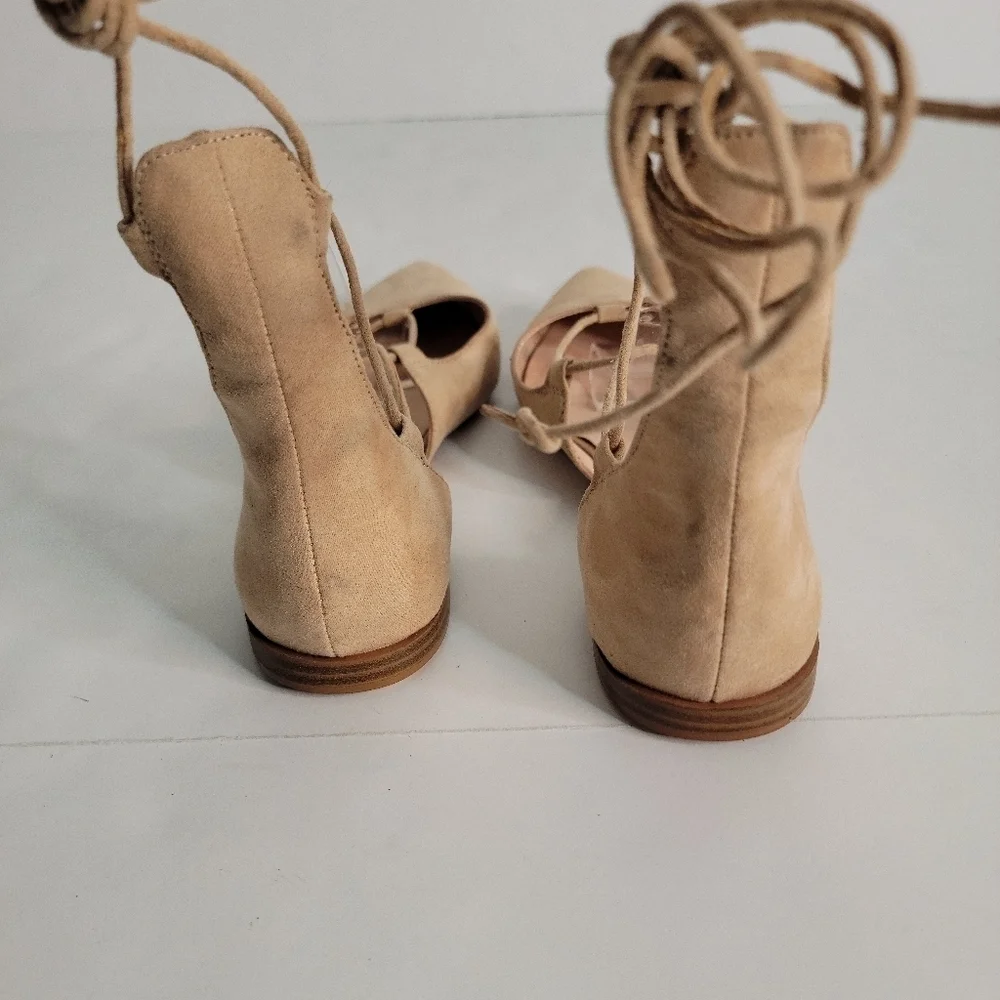 Zara Sz 38 8 Suede Lace Up Pointed Toe Ballet Flats Shoes Tan - Picture 6 of 8